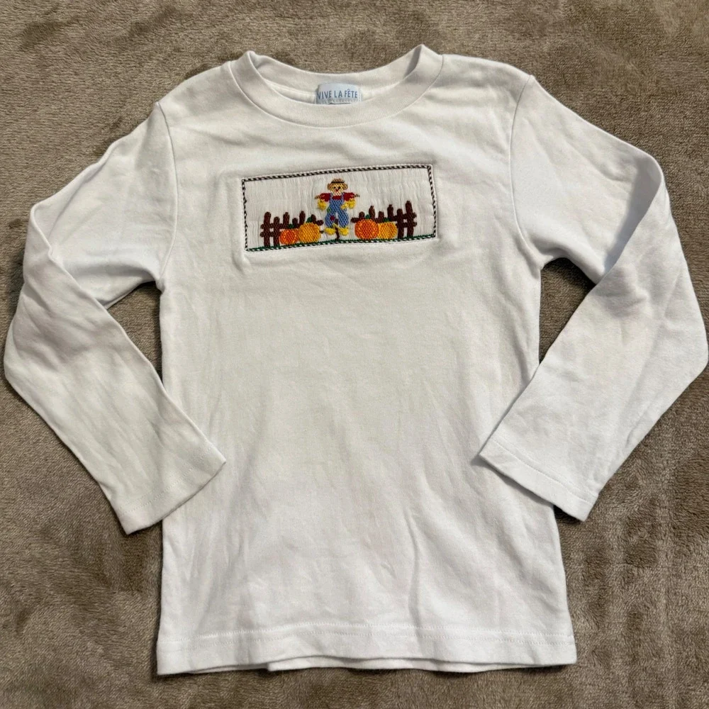 Vive La Fete Kids White Long Sleeve Smocked Scarecrow Pumpkin Fall T-Shirt